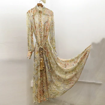 

Women Dress High Waist Sashes A Line Summer Dress Long Sleeve Single-Breasted Fashion Print Dress Bohemian Midi Dresses