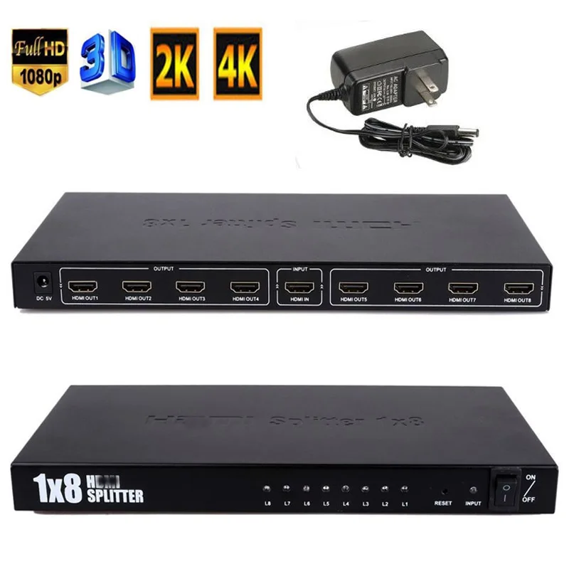Ultra HD 4K HDMI-compatible Splitter Box 1X8 8 Port Audio Video Repeater Amplifier Hub 3D 1080p 1 In Out Switcher For HDTV PS3 |