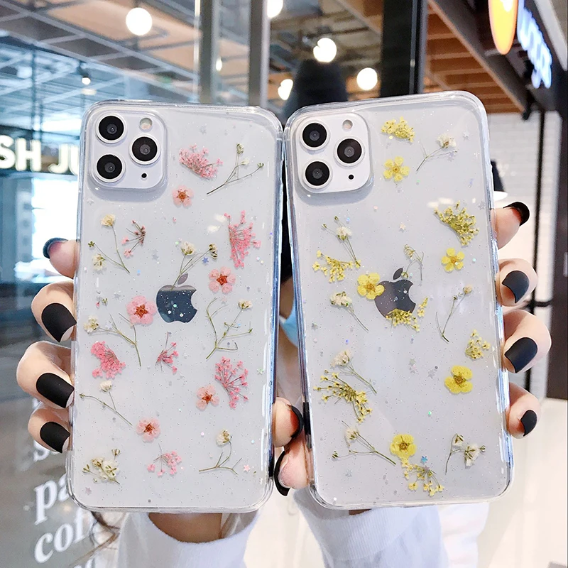 

For iPhone 11 Pro Max Case Real Dry Flower Epoxy Funda On iPhone 7 8 6 6S Plus XR X XS Max Soft Transparent Cover Bumper Capa