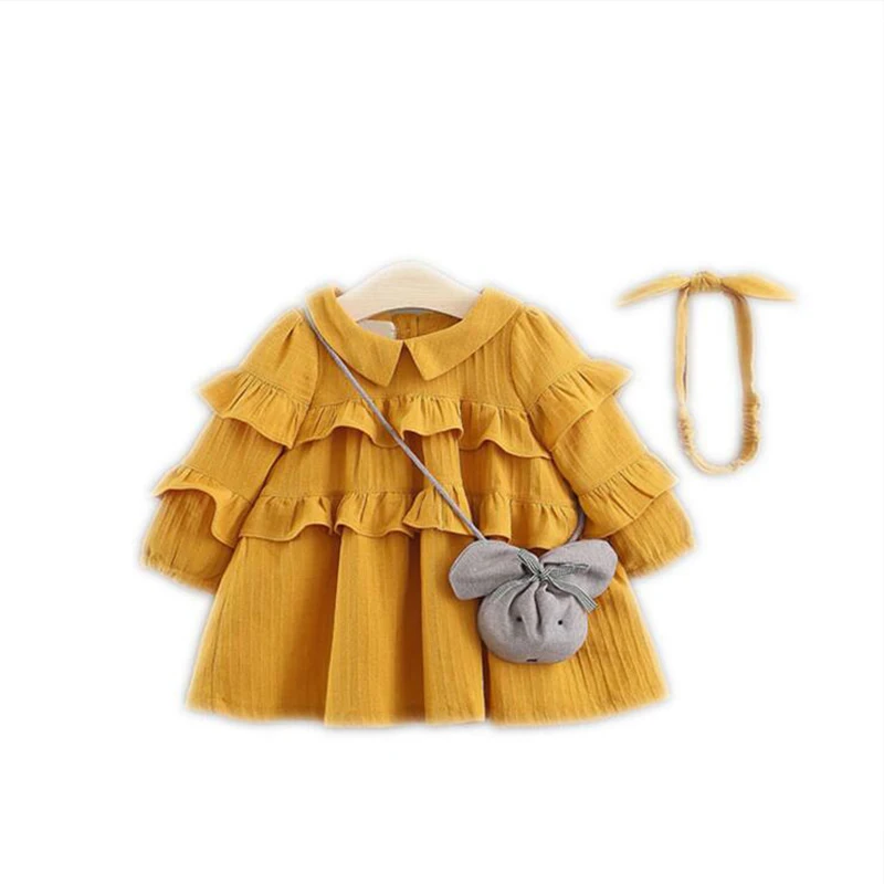 Комплект модной одежды из 3 предметов для маленьких девочек, дизайнерское детское Повседневное платье с длинными рукавами+ милая сумка с милой повязкой на голову для младенцев