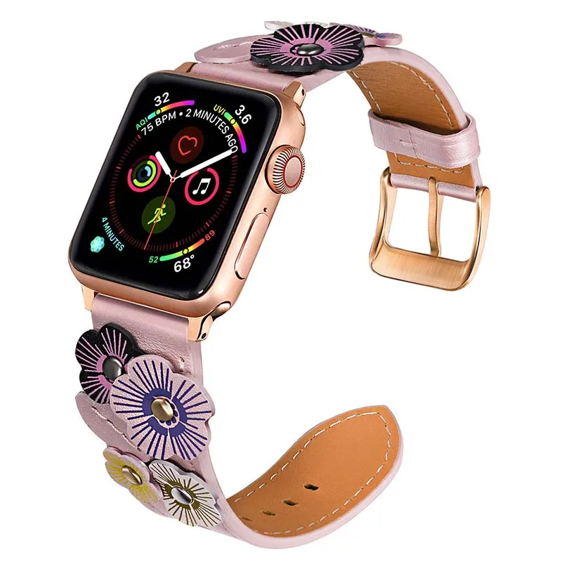 Ремешок для часов из натуральной кожи с цветами для iWatch Apple Watch Series 5 4 3 2 1 44 мм 40 мм 42 мм 38 мм женский ремешок со стальной застежкой - Цвет ремешка: Purple