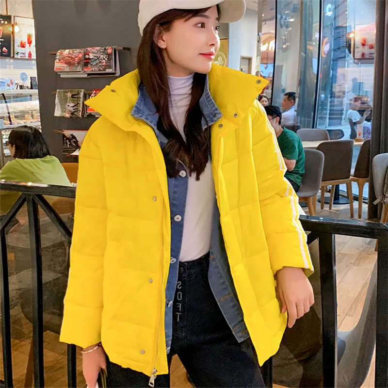 

2019 Autumn & Winter New Style Korean-style Fake Two-Piece Cowboy Joint down Feather Cotton Overcoat Woman Cotton Dress