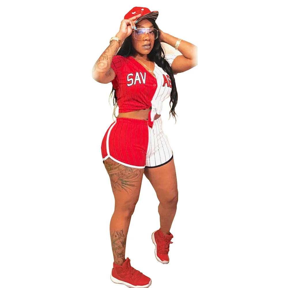 New Women Baseball Jerseys Short Sleeve Baseball Shirts Striped Letter Print V-neck Top Sexy Shorts Costume Set