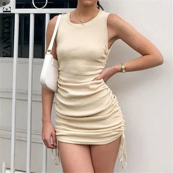 FANTOYE-Vestido corto ajustado de algodón sin mangas para verano, minivestido Sexy ajustado para mujer, con cordón, elástico, Estilo Vintage