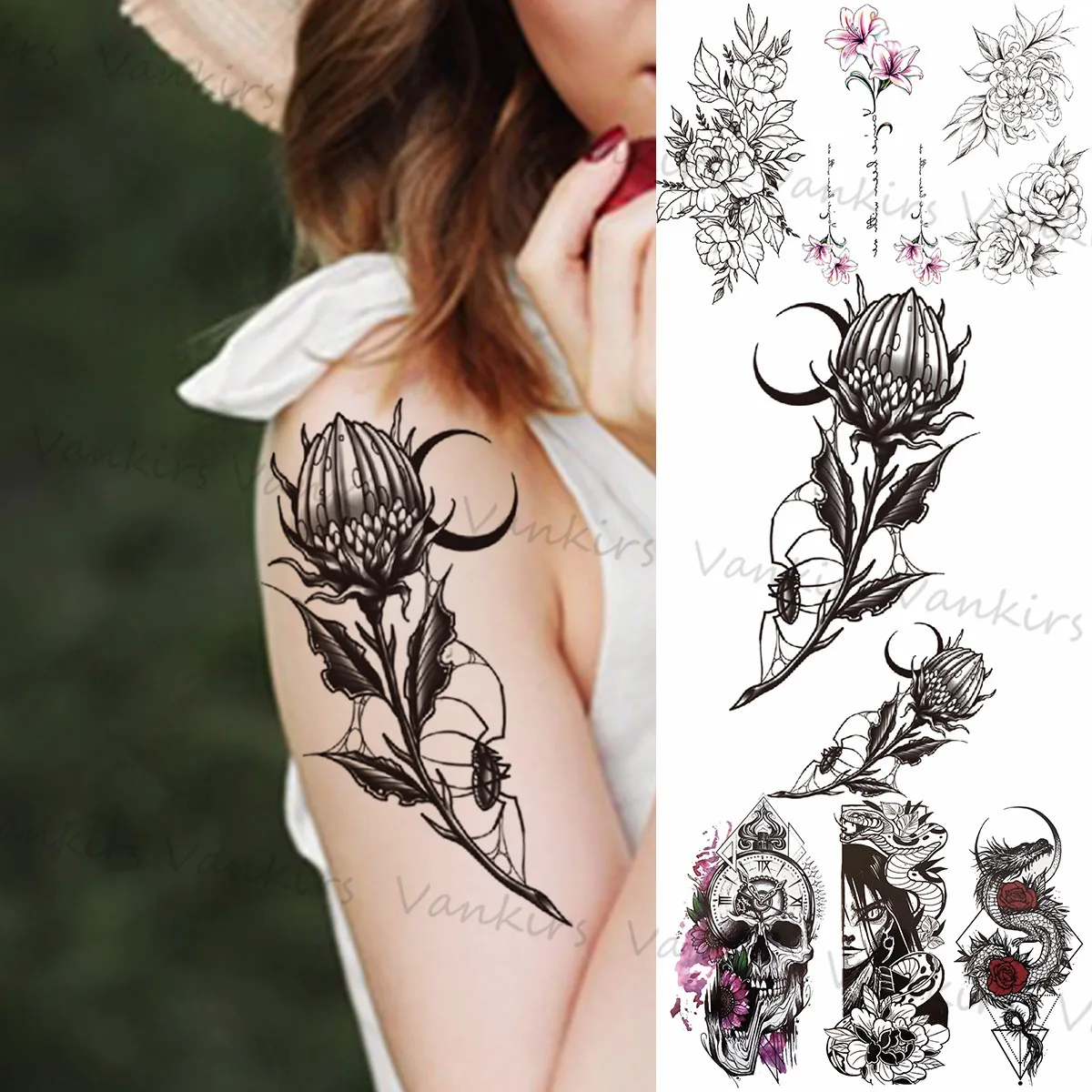 Grandi Tatuaggi Temporanei Black Flora Moon Per Le Donne Ragazze Realistico Lily Lotus Skull Dragon Fake Tattoo Sticker Braccio Gamba Tatuaggi