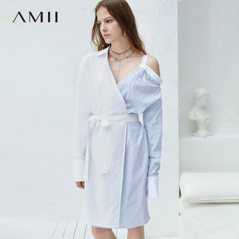 

Amii Minimalist V-neck Dress Autumn Women Sling Lapel Stripe Female Shirt Dresses 11870202