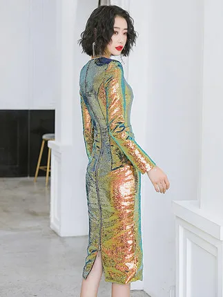 Full Sequins Bling Bling Luxury Golden Color Long