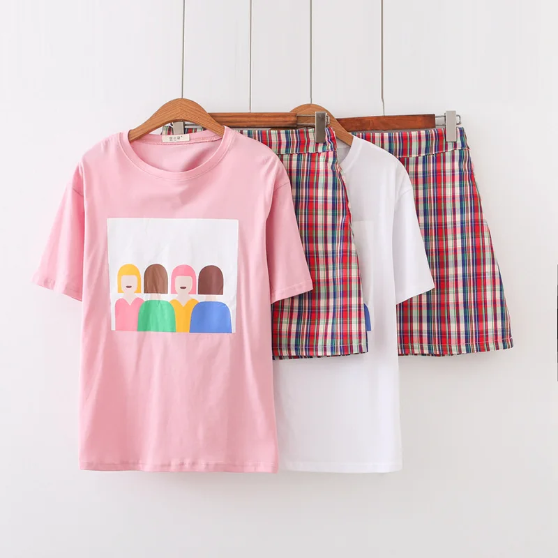 

Versatile Summer New Style Korean-style Sweet Cartoon Villain Printing Short-sleeved T-shirt Red Grid A- line Skirt Short Skirt