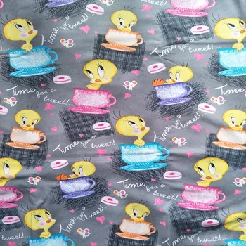 

140cm Width Tweety Bird on Cup Gray Cotton Fabric for Girl Clothes Cushion Covers Hometextile Bedding Set Backpacks DIY-BK499