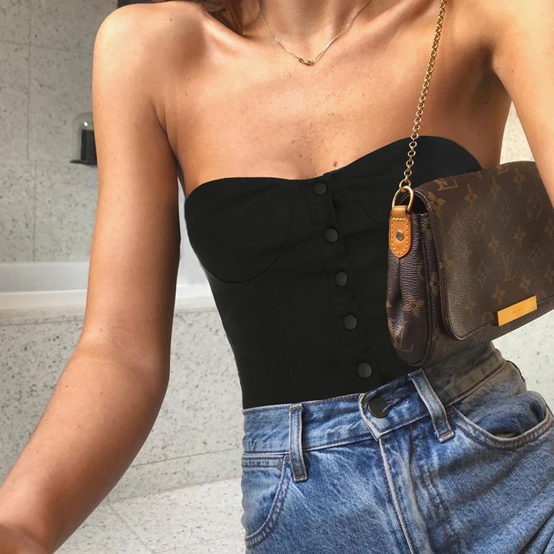 Iamhotty без бретелек Кнопка Черная майка с открытыми плечами без рукавов майка Топы женские летние облегающие груди обертывание Топ Negro Mujer