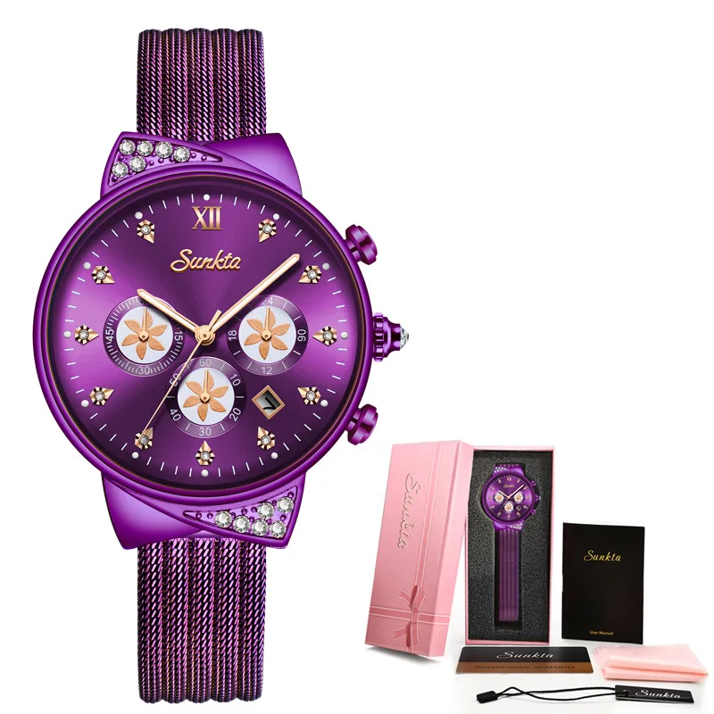 purple Sunkta, женские часы, Лидирующий бренд, Роскошные, повседневные, модные часы, женские часы с бриллиантами, женские модные часы, женские наручные часы+ коробка - Цвет: purple