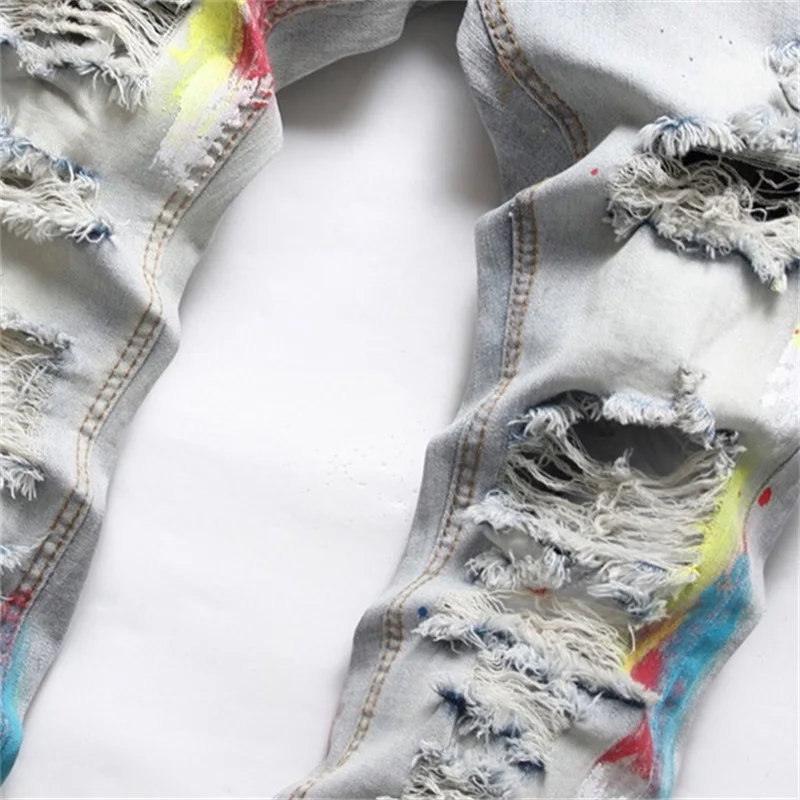 Splash-ink Brush Paint Jeans Rainbow Ripped Trim Soft Cotton Stretch Season Light Blue Cat Whisker Label High Street Fashion New