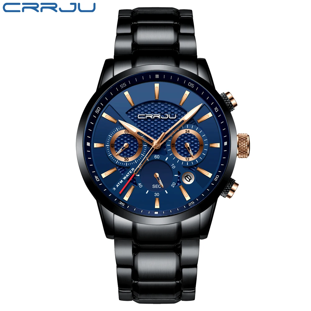 Роскошные брендовые CRRJU, новые мужские часы, классические бизнес часы с хронографом, стильные наручные часы 30 м, водонепроницаемые часы с календарем, мужские часы - Цвет: black blue