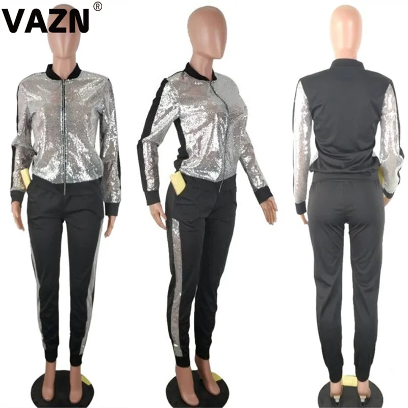 VAZN, высокое качество, расшитые блестками, Неопрятные, тяжелая промышленность, сексуальный, размера плюс, полный рукав, топ, длинные штаны, спортивные костюмы, тонкие, для женщин, комплект из 2 предметов