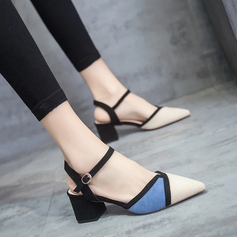 

2019 Spring New Style Korean-style Versatile Pointed-Toe High Heel Shoes-Style Mixed Colors Straight-line Buckle Slimming Hallow