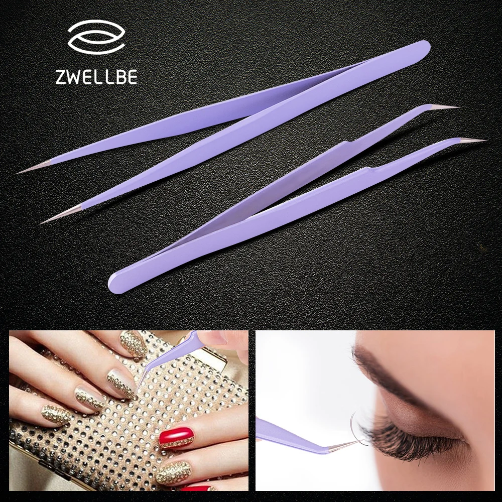 Nuevo color púrpura pinzas de acero inoxidable recto de extensión de pestañas postizas pinzas tenazas señaló Clip arte del clavo de la herramienta