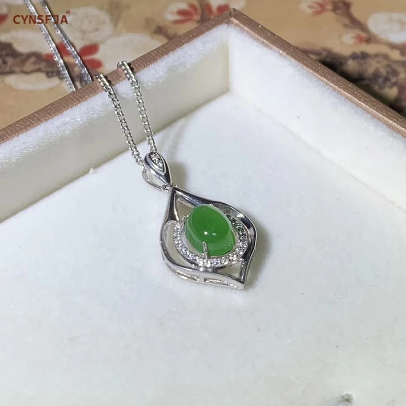 

CYNSFJA Real Certified Natural Hetian Jasper Inlaid 925 Sterling Silver Charm Amulets Jade Pendant Green High Quality Best Gifts