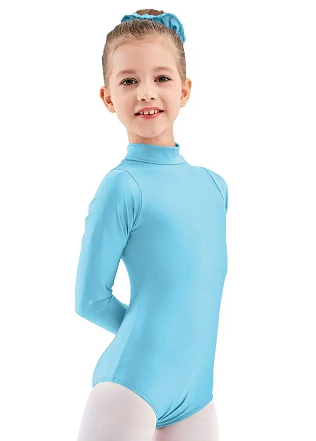 Небесно-голубой AOYLISEY Kids Basic балетное боди с длинным рукавом Водолазка для девочек гимнастика лайкра спандекс детские комбинезоны для малышей танцевальные костюмы - Цвет: Небесно-голубой