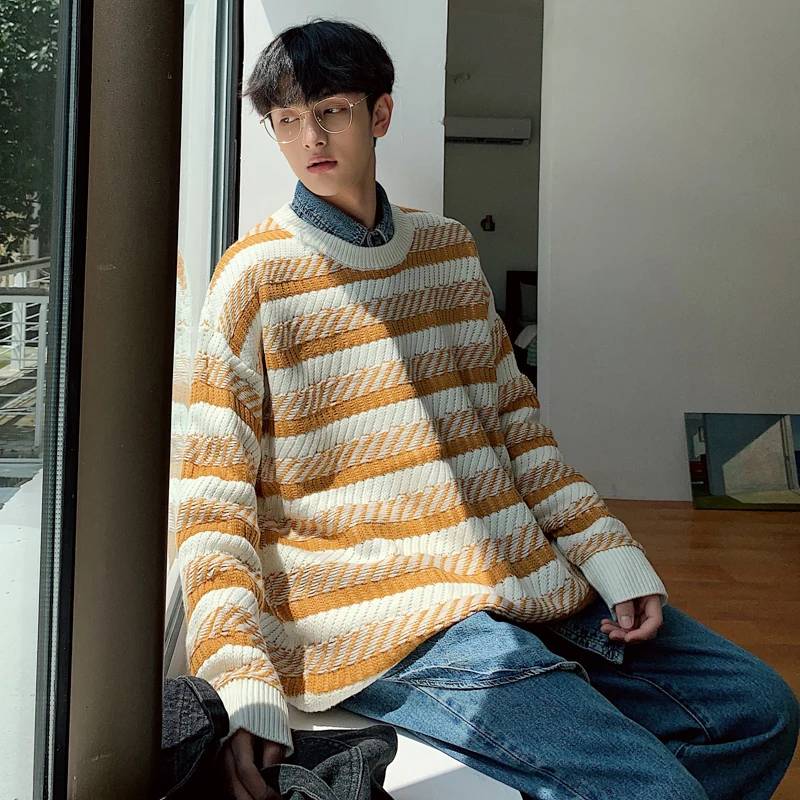 Winter Sweater Men Warm Fashion Contrast Color Striped Knit Sweter Man Clothes Streetwear Loose Casual Long-sleeved Pullover Men Winter Sweater Men Warm Fashion Contrast Color Striped Knit Sweter Man Clothes Streetwear Loose Casual Long-sleeved Pullover Men