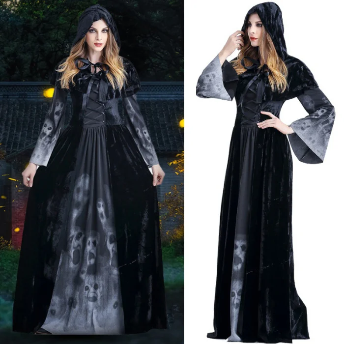 Хит, Хэллоуин, женское платье смерти, ужас, Череп, Ролевой костюм для игры, плащ, сценический костюм для женщин, TI99