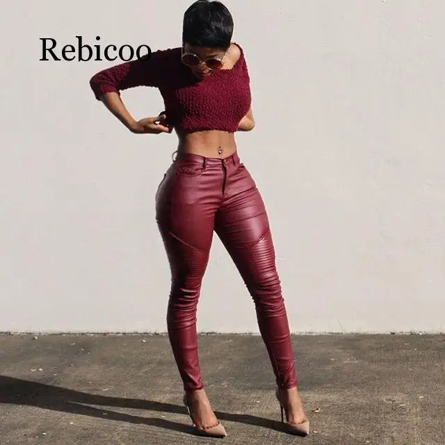 

Fashion ladies leather tight high waist leggings stretch pencil pants trousers 2019 fashion new