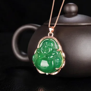 

Natural agate chalcedony inlaid S925 silver Buddhism necklace jewelry Fine jewelry pink green agate pendant Christmas Gift