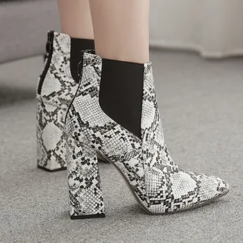 

Snake Print Women Ankle Boots New Zip Pointed Toe Footwear Thick High Heels Female Boot Shoes Women 2020 Snake Skin Bootie Shoes