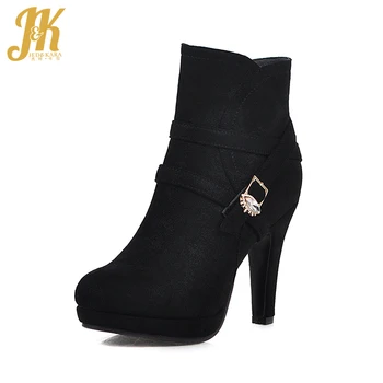 

JK Metal Decor Sexy Women Ankle Boots Black Belt Buckle Bootie Fashion Crystal Short Boots Thick Platform Thin Heel High Shoes