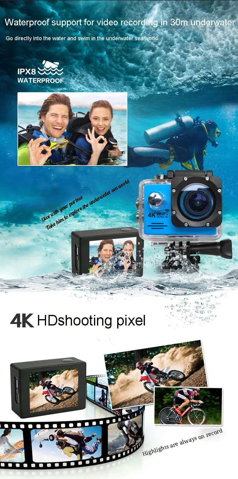 Спортивная Экшн-камера 4K 1080P wifi 30 м для подводной съемки, водонепроницаемая профессиональная камера go pro, Спортивная камера для серфинга на шлеме