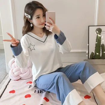 

2020 Spring Autumn 100% Cotton V-neck Pajama Set for Women Long Sleeve Sleepwear Pyjama Loungewear Homewear Pijama Mujer Clothes