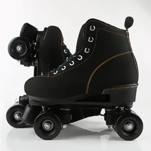 Обувь унисекс с двойными линиями для взрослых; обувь с параллельными роликами; ботинки с 4 колесами из искусственной кожи черного цвета с тормозом на шнуровке для женщин и мужчин