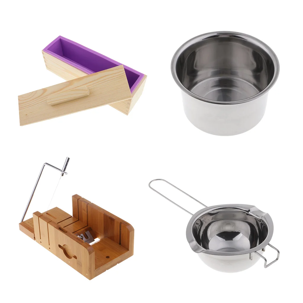 4x Wood Stainless Steel Soap Cutter with Beveler & Wire Slicer + Rectangle Silicone Soap Making Loaf Mould 900ml + Double Boiler
