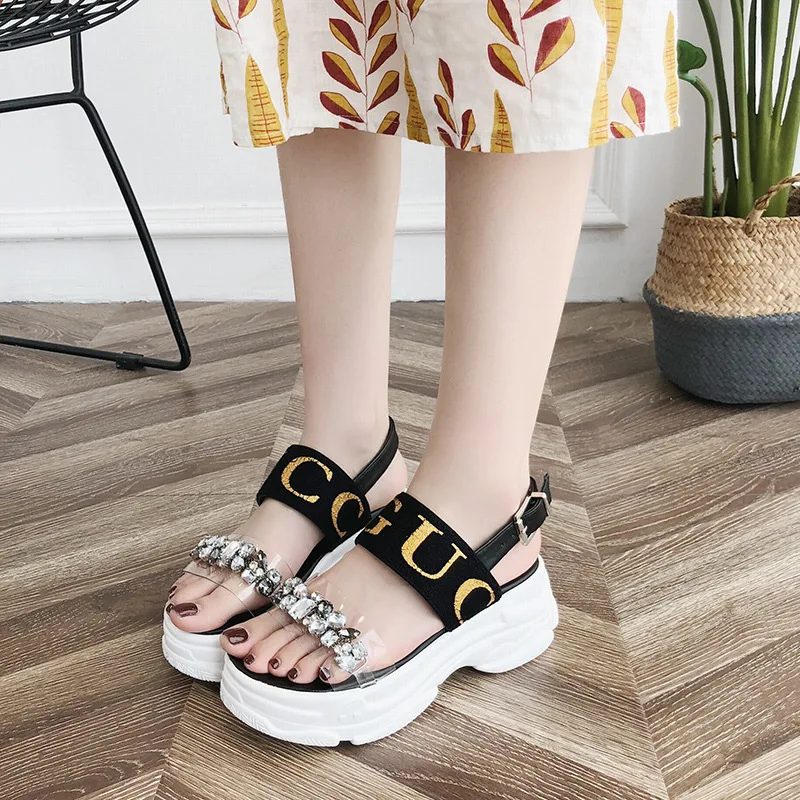 

Sandals Women's 2019 Summer New Style Korean-style Platform Thick Bottomed Waterproof Platform Man-made Diamond Fashion Peep-Toe