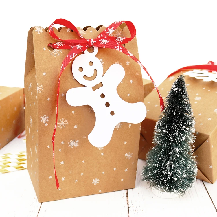 2 шт рождественские подарочные коробки крафт-бумажный пакет с лента из снежинок Новогодняя коробка для конфет с подарочным ярлыком рождественские вечерние подарочные пакеты