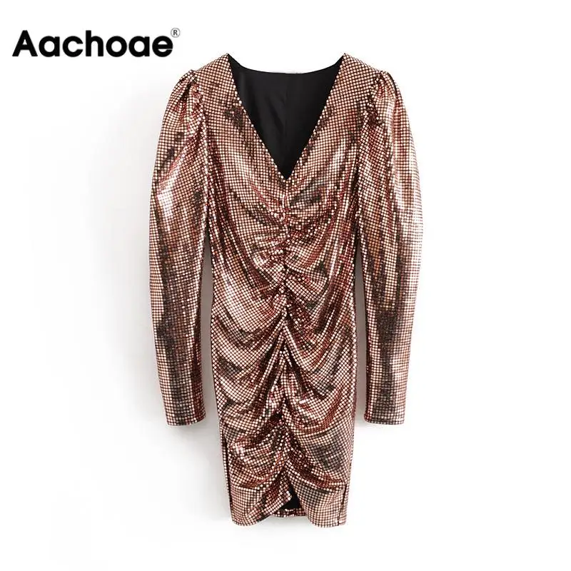 Sexy V Neck Party Mini Dress Women Plaid Sequins Puff Long Sleeve Club Dresses Lady Bodycon Pleated Stylish Vestidos De Fiesta