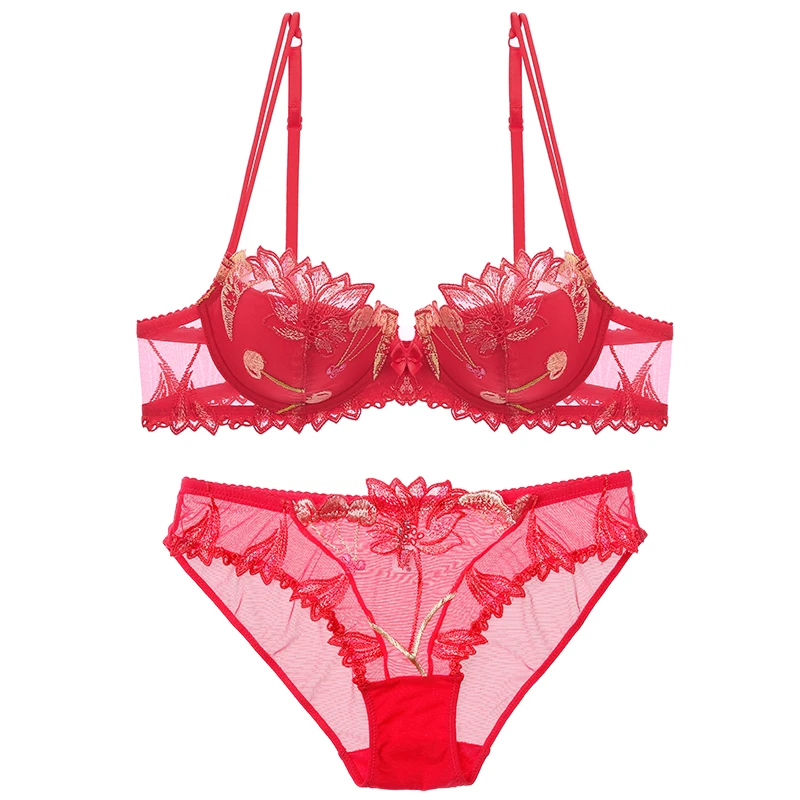 Red Set LILYMODA женский сексуальный мягкий тонкий хлопковый бюстгальтер, наборы бюстгальтеров с цветочной кружевной вышивкой на косточках, розовое нижнее белье, новое поступление - Цвет: Red Set