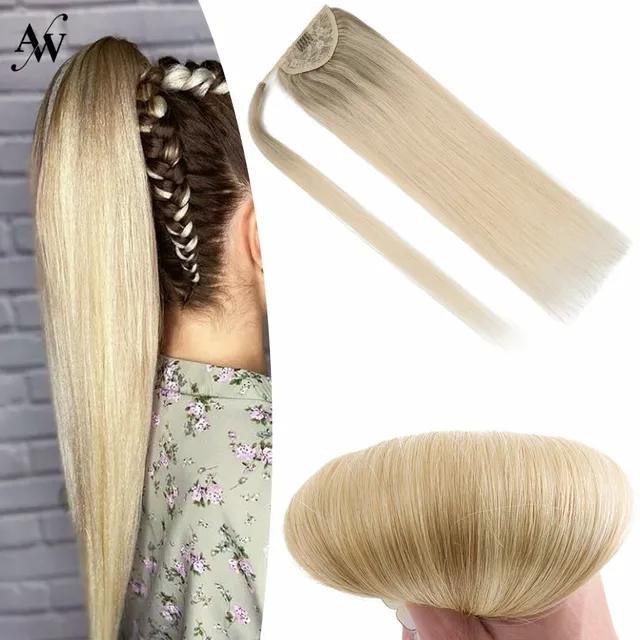AW 12''-24'' Ponytail Human Hair Wrap Around Machine Remy Hair Extensions Brazilian Hair Extensions Clip Ins Blonde Brown Color T1860P60