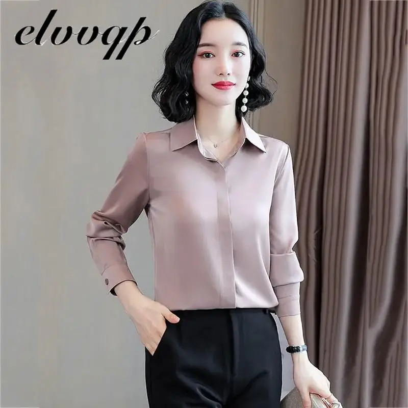 shirts Blouses Women Fashion Casual Tops Female Solid Color Elegant Office Work Long Sleeve Blouse OL Style Shirt Simple Top