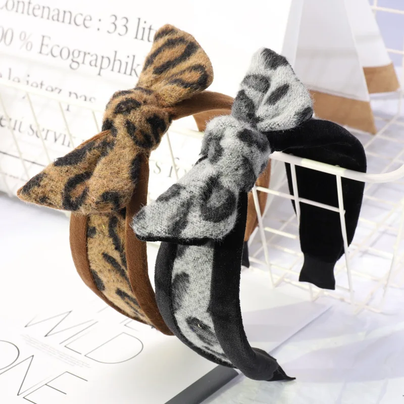 

Fashion Brown Grey Bowknot Headband Handmade Leopard Print Knotted Hairband Autumn Winter Hair Hoop for Women Hair Accessories