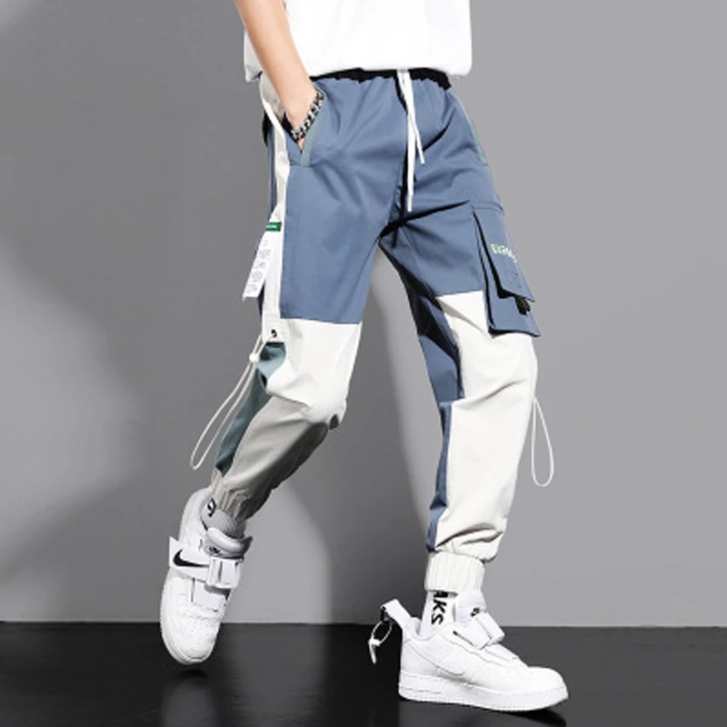 

Overalls male teenagers wild tie stitching student tide hip-hop tide brand drawstring summer thin casual pants