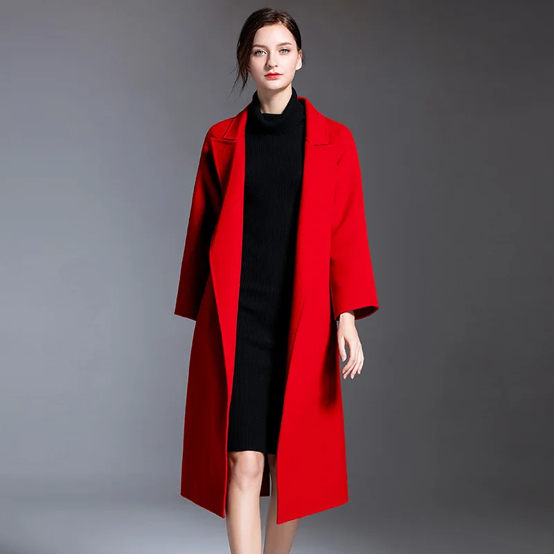 Elifashion New Autumn And Winter Double-faced Wool Coat Women Mid-length Korean Style Lapel Collar woolen Red &amp Black Color | Женская