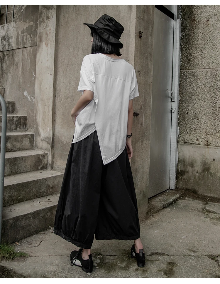 [DEAT] New Autumn Winter Round Neck Short Sleeve White Irregular Hem Drawstring Big Size T-shirt Women Fashion Tide JX10