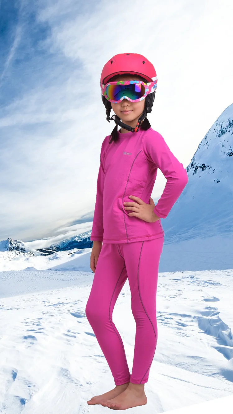 Зимний детский комплект термобелья для катания на лыжах, Быстросохнущий дышащий Теплый детский комплект спортивного нижнего белья для катания на сноуборде, лыжах, спортивный костюм - Цвет: rose