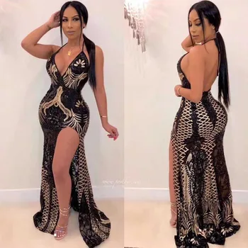 

Wholesale 2019 New woman's dress black Sequin Spaghetti Strap V-neck Sexy Boutique celebrity cocktail party long dress