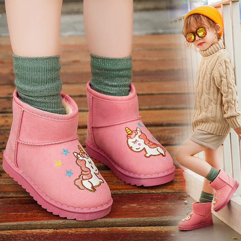 Мультяшный Радужный Единорог, ботинки, детские зимние ботинки, теплая зимняя обувь для девочек и мальчиков, нескользящая плоская подошва, ботинки для маленьких девочек и мальчиков