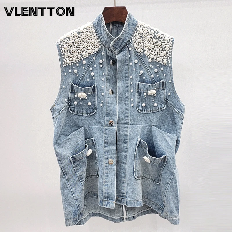 

2020 Spring Heavy Pearls Sleeveless Jeans Jackets Women Solid Stand Casual Denim Coat Female BF Cowboy Outwear Tops Veste Femme