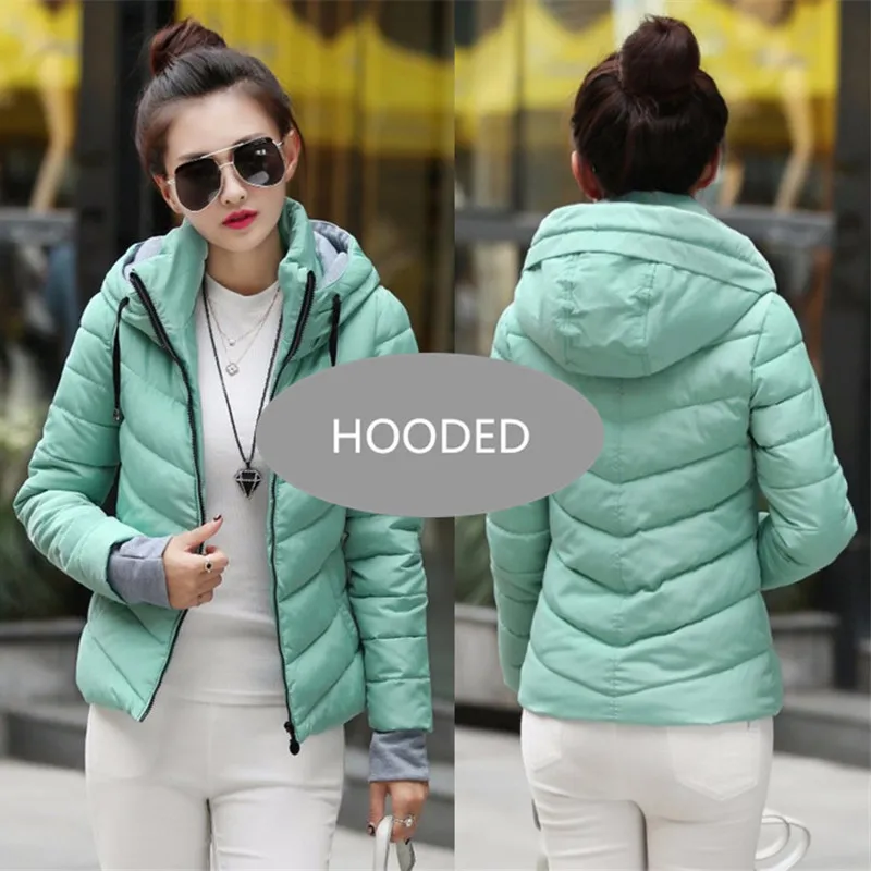 Sky Blue--Hooded Осенне-зимняя женская куртка, большие размеры, женские парки, плотная верхняя одежда, одноцветные пальто с капюшоном, короткие женские тонкие базовые Топы с хлопковой подкладкой - Цвет: Sky Blue--Hooded