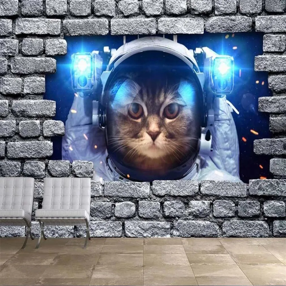 Пользовательские 3D обои настенная кошка астронавт кирпичная стена фон стены
