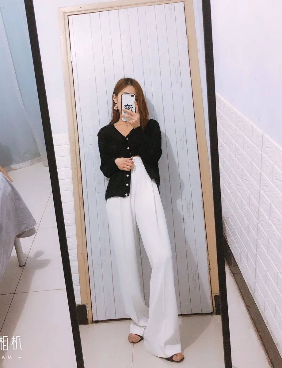 Pantaloni bianchi non trasparenti tasca con cerniera a vita alta da donna  pantaloni larghi a gamba larga di grandi dimensioni - AliExpress Women's  Clothing