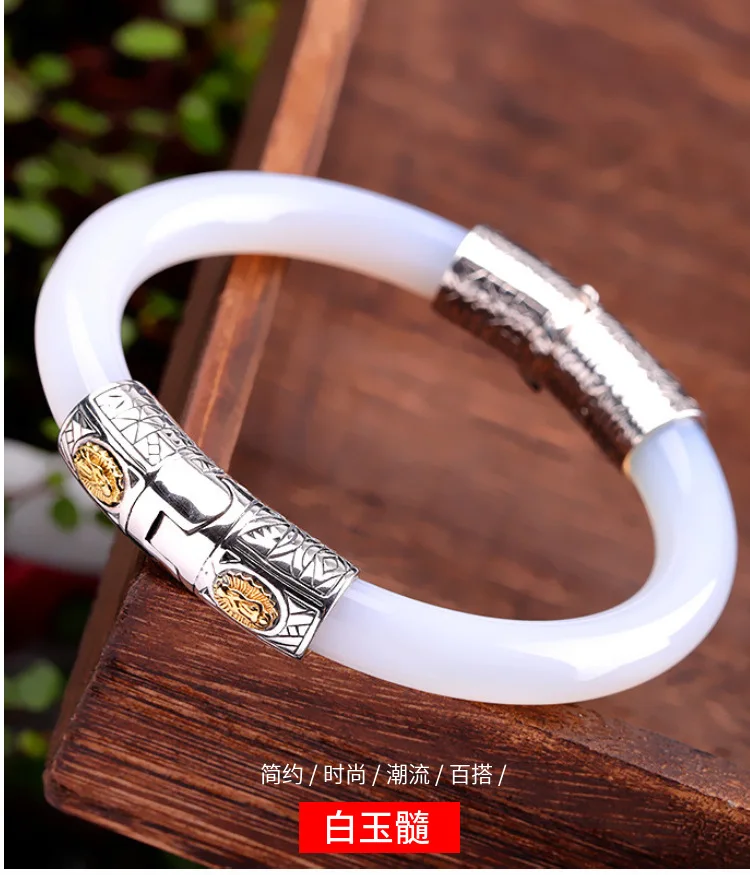 Uglyless Natural White Chalcedony Bangles for Women Openable Magnet Bangle Real 925 Silver Bijoux Thai Silver Fine Jewelry BA618